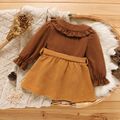 2pcs Baby Girl 100% Cotton Long-sleeve Ruffle Collar Button Front Top and Belted Skirt Set Brown image 2