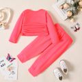 2pcs Baby Girl Butterfly Print Long-sleeve Ruched Tee and Sweatpants Set Pink