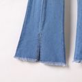 Kid Girl Button Design Raw Edge Slit Flared Denim Jeans Blue