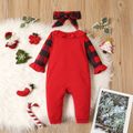 Christmas 2pcs Baby Girl Red Plaid Long-sleeve Spliced Ruffle Trim Deer Print Jumpsuit with Headband Set Red-2