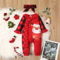 Christmas 2pcs Baby Girl Red Plaid Long-sleeve Spliced Ruffle Trim Deer Print Jumpsuit with Headband Set Red-2