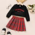 2pcs Toddler Girl Preppy style Letter Print Crop Sweatshirt and Plaid Pleated Skirt Set Black image 1