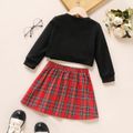2pcs Toddler Girl Preppy style Letter Print Crop Sweatshirt and Plaid Pleated Skirt Set Black image 2