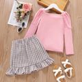 2pcs Kid Girl Square Neck Long Puff-sleeve Pink Tee and Plaid Tweed Skirt Set Pink