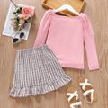 2pcs Kid Girl Square Neck Long Puff-sleeve Pink Tee and Plaid Tweed Skirt Set Pink image 5