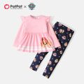 Paw Patrol 2pcs Toddler Girl Ruffled Striped Long-sleeve Pink Tee and Allover Print Leggings Set Pink image 1