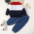 2pcs Toddler Boy Trendy Denim Jeans and Letter Print Colorblock Sweatshirt Set Color block image 2