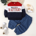2pcs Toddler Boy Trendy Denim Jeans and Letter Print Colorblock Sweatshirt Set Color block image 1