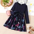 Kid Girl Butterfly/Painting Print Colorblock Belted Long-sleeve Dress Blue image 1