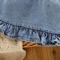 2pcs Baby Girl 100% Cotton Bear Pattern Ruffle Hem Denim Overall Dress and Polka Dots Rib Knit Top Set Blue
