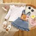 2pcs Baby Girl 100% Cotton Bear Pattern Ruffle Hem Denim Overall Dress and Polka Dots Rib Knit Top Set Blue