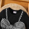 Baby Girl Long-sleeve Rib Knit Spliced Houndstooth Bow Front Dress BlackandWhite image 3