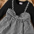 Baby Girl Long-sleeve Rib Knit Spliced Houndstooth Bow Front Dress BlackandWhite image 4