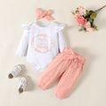 Baby Girl 3pcs Letter and Floral Print Ruffle Decor Long-sleeve White Romper and Polka Dots Belt Decor Pants with Headband Set Pink