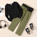 3pcs Kid Girl Ribbed Long-sleeve Black Tee & Green Pants and Waist Bag Set Black