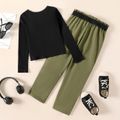 3pcs Kid Girl Ribbed Long-sleeve Black Tee & Green Pants and Waist Bag Set Black image 2