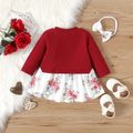 2pcs Baby Girl 95% Cotton Long-sleeve Letter Embroidered Spliced Floral Print Dress with Headband Set Burgundy