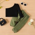 2pcs Baby Girl Solid One Shoulder Long-sleeve Tee and Pants Set Army green