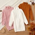 Kid Girl Solid Color Cable Knit Textured Mock neck Sweater Dress Creamcolored