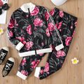 2pcs Kid Girl Floral Print Zipper Design Jacket and Elasticized Pants Set Black