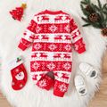Christmas Baby Boy/Girl Allover Snowflake Graphic Red Fleece Long-sleeve Zipper Jumpsuit Red image 2