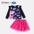 Peppa Pig 2pcs Toddler Girl Letter Print Ruffled Long-sleeve Tee and Mesh Skirt Set Tibetanblue image 1