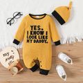 Baby Boy/Girl Letter Design Short-sleeve Romper or Long-sleeve Jumpsuit with Hat Set Yellow image 1