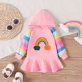 Baby Girl Colorful Long-sleeve Rainbow Embroidered Ruffle Hem Hoodie Dress Pink