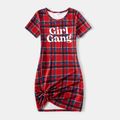 Family Matching Short-sleeve Letter Print Red Plaid Twist Knot Bodycon Dresses and Polo Shirts Sets ColorBlock
