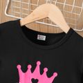 2pcs Kid Girl Letter Crown Print Ruffled Long-sleeve Black Tee and Leggings Set Black image 3