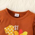 Thanksgiving Day 2pcs Baby Girl Turkey & Letter Print Long-sleeve Romper and Polka Dot Layered Ruffle Flared Pants Set Orange image 3