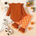 Thanksgiving Day 2pcs Baby Girl Turkey & Letter Print Long-sleeve Romper and Polka Dot Layered Ruffle Flared Pants Set Orange image 2