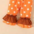 Thanksgiving Day 2pcs Baby Girl Turkey & Letter Print Long-sleeve Romper and Polka Dot Layered Ruffle Flared Pants Set Orange image 5