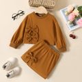 2-piece Toddler Girl Solid Bow Decor Long-sleeve Pullover Top and Skirt Set Brown image 1