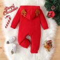 Christmas Baby Boy/Girl 3D Antlers Detail Reindeer Embroidered Red Long-sleeve Hooded Jumpsuit Red-2 image 2