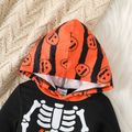 Halloween Baby Boy Skeleton & Pumpkin Print Hooded Long-sleeve Jumpsuit Black image 3