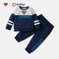 Justice League 2pcs Baby Boy Long-sleeve Letter Print Sweatshirt and Sweatpants Set Deep Blue image 1
