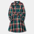 Christmas Green Plaid Family Matching Button Up Shirts and Belted Dresses Sets Green