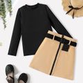 2pcs Kid Girl Long-sleeve Ribbed Black Tee and Zipper Design Belted Skirt Set Black
