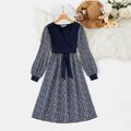 Mommy and Me Floral Print Spliced Solid Surplice Neck Long-sleeve Dress Tibetanblue