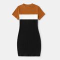 Family Matching Cotton Short-sleeve Colorblock Rib Knit Mock Neck Bodycon Dresses and Tops Sets YellowBrown