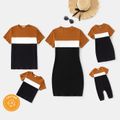 Family Matching Cotton Short-sleeve Colorblock Rib Knit Mock Neck Bodycon Dresses and Tops Sets YellowBrown image 1