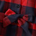 Kid Girl Christmas Lapel Collar Button Design Long-sleeve Belted Plaid Dress Red image 4