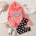 2pcs Kid Girl Letter Sequined Embroidered Fleece Hoodie Sweatshirt and Heart Print Leggings Set Pink image 1