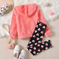 2pcs Kid Girl Letter Sequined Embroidered Fleece Hoodie Sweatshirt and Heart Print Leggings Set Pink