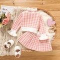 2pcs Baby Girl Pink Houndstooth Frill Mock Neck Long-sleeve Knitted Top and Skirt Set Pink image 2