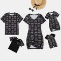 Halloween Family Matching Short-sleeve Allover Skull Print Black V Neck Twist Knot Bodycon Dress and T-shirts Sets Black image 1