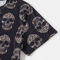 Halloween Family Matching Short-sleeve Allover Skull Print Black V Neck Twist Knot Bodycon Dress and T-shirts Sets Black