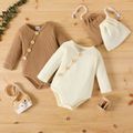 2pcs Baby Boy/Girl Button Front Solid Waffle Long-sleeve Romper with Drawstring Bag Set Khaki image 2
