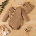 2pcs Baby Boy/Girl Button Front Solid Waffle Long-sleeve Romper with Drawstring Bag Set Khaki image 1